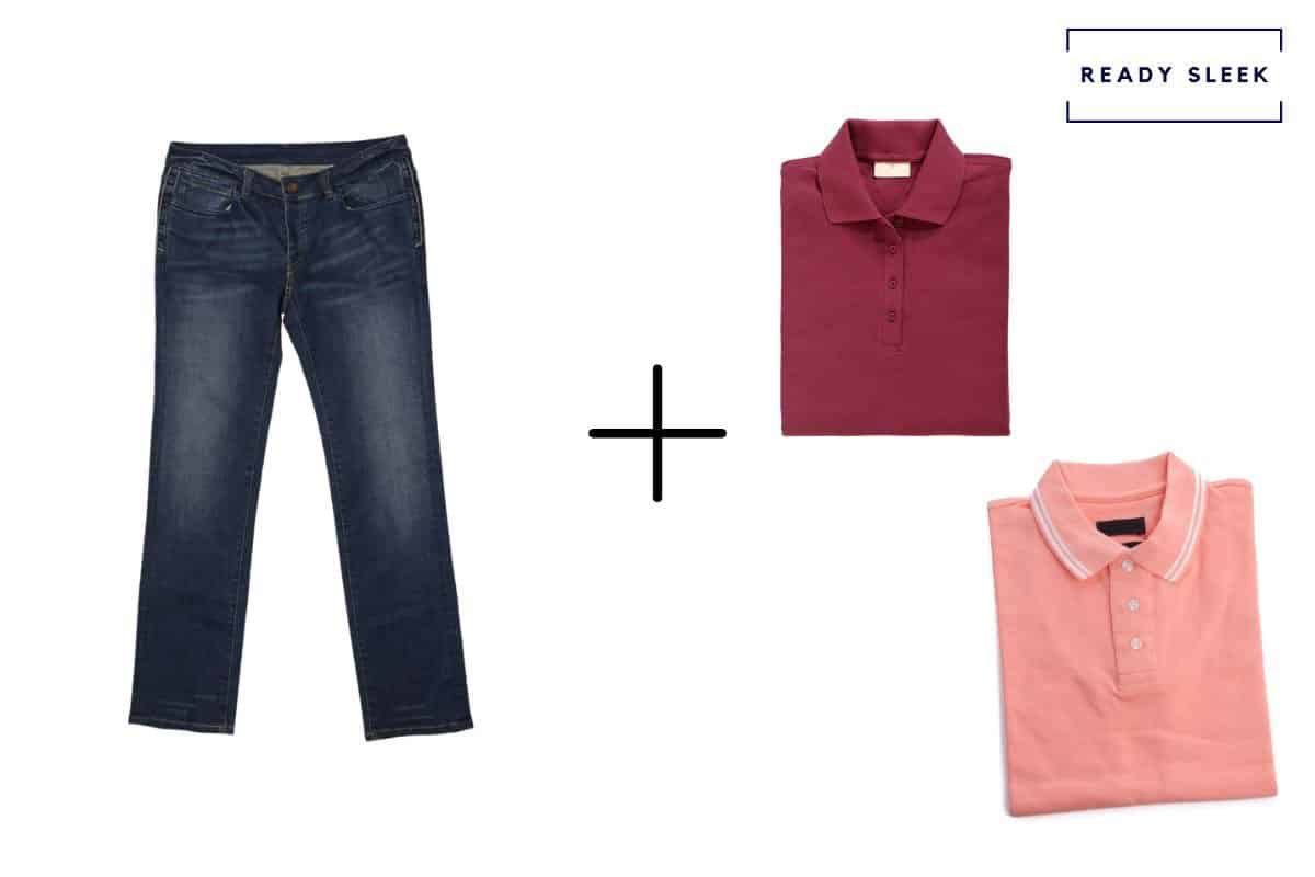 dark blue jeans + burgundy polo shirt + pink polo shirt