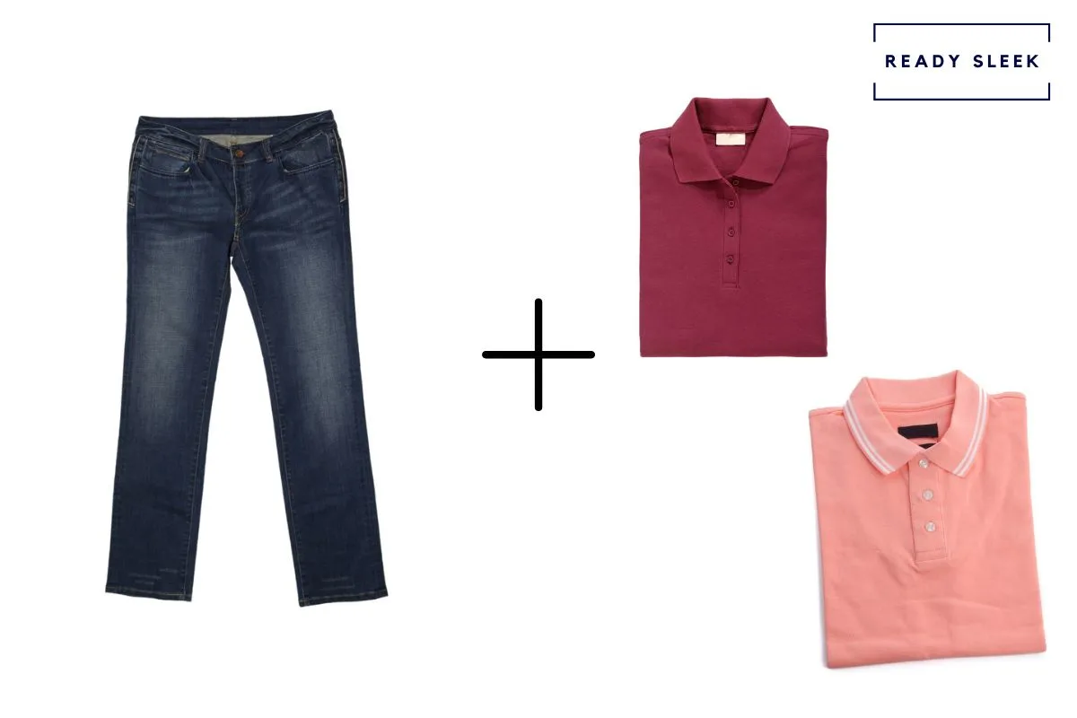 dark blue jeans + burgundy polo shirt + pink polo shirt