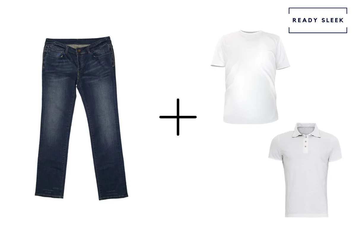 dark blue jeans + white polo shirt + white t shirt 