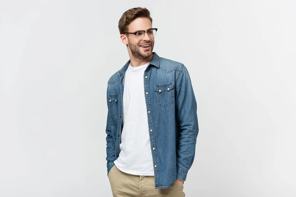 denim shirt overlayer with chinos