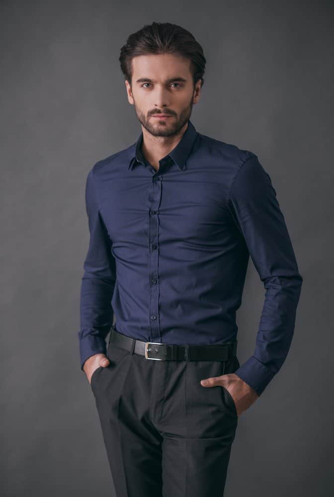 dressy navy shirt and black pants