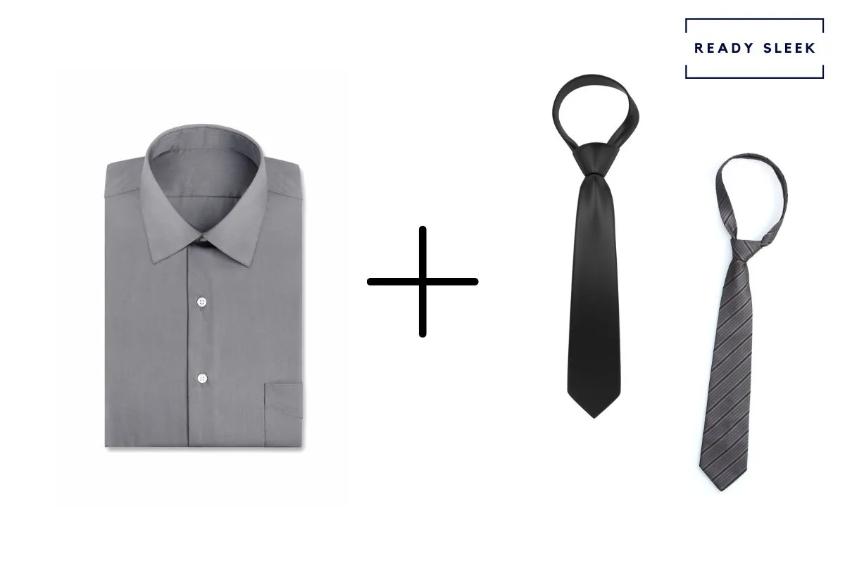 grey shirt + black tie + slate grey tie