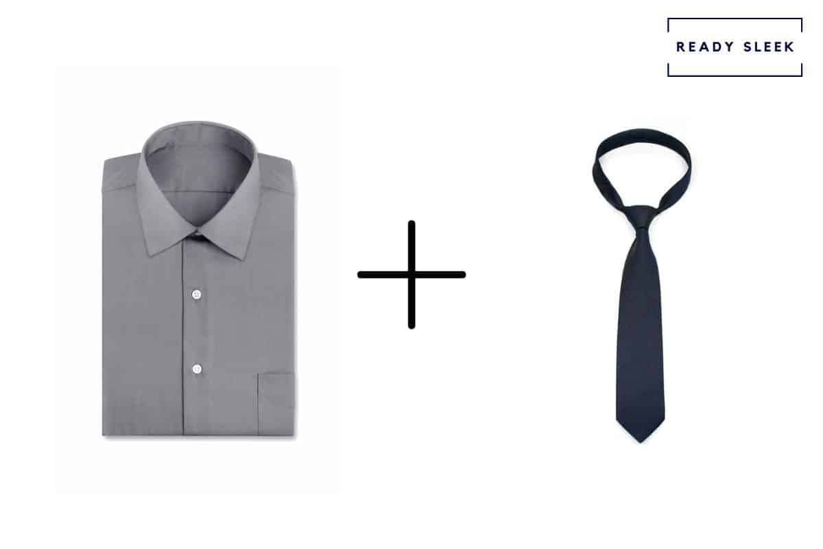 grey shirt + navy blue tie