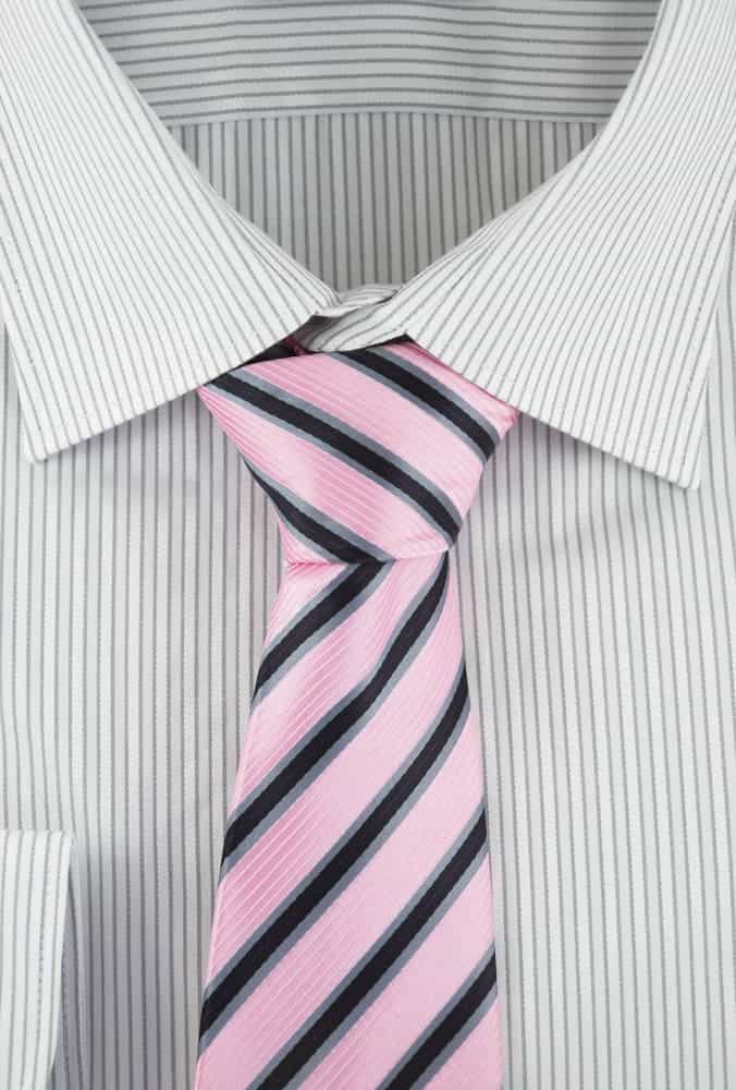 grey shirt with pink tie 