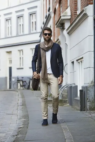 navy blazer and chinos with scarf (