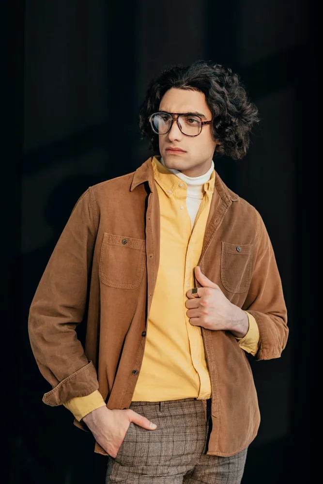 orange shirt with brown pants