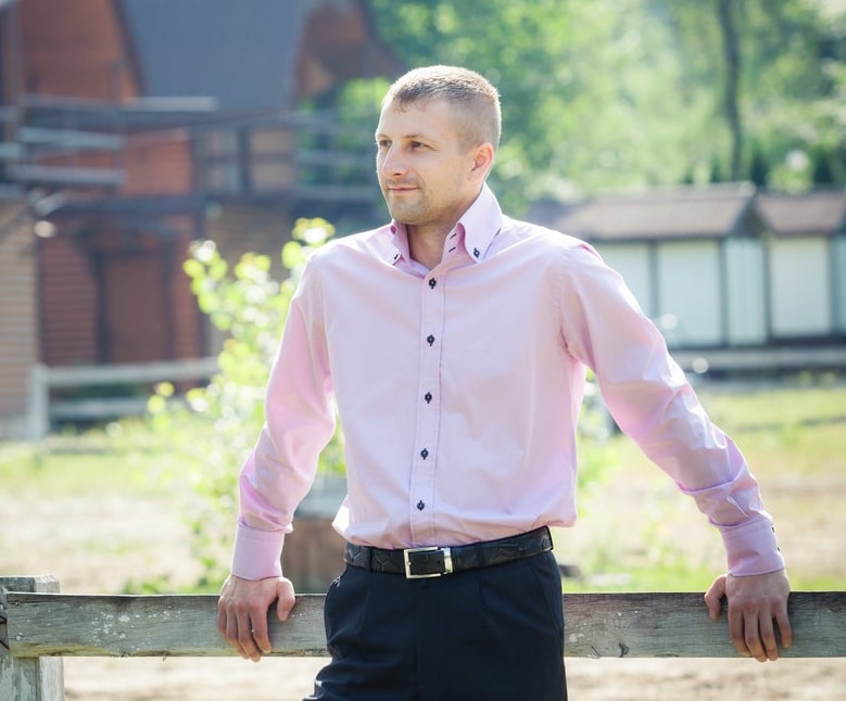 pink shirt and navy pants