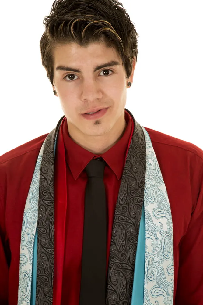 red shirt with black tie 