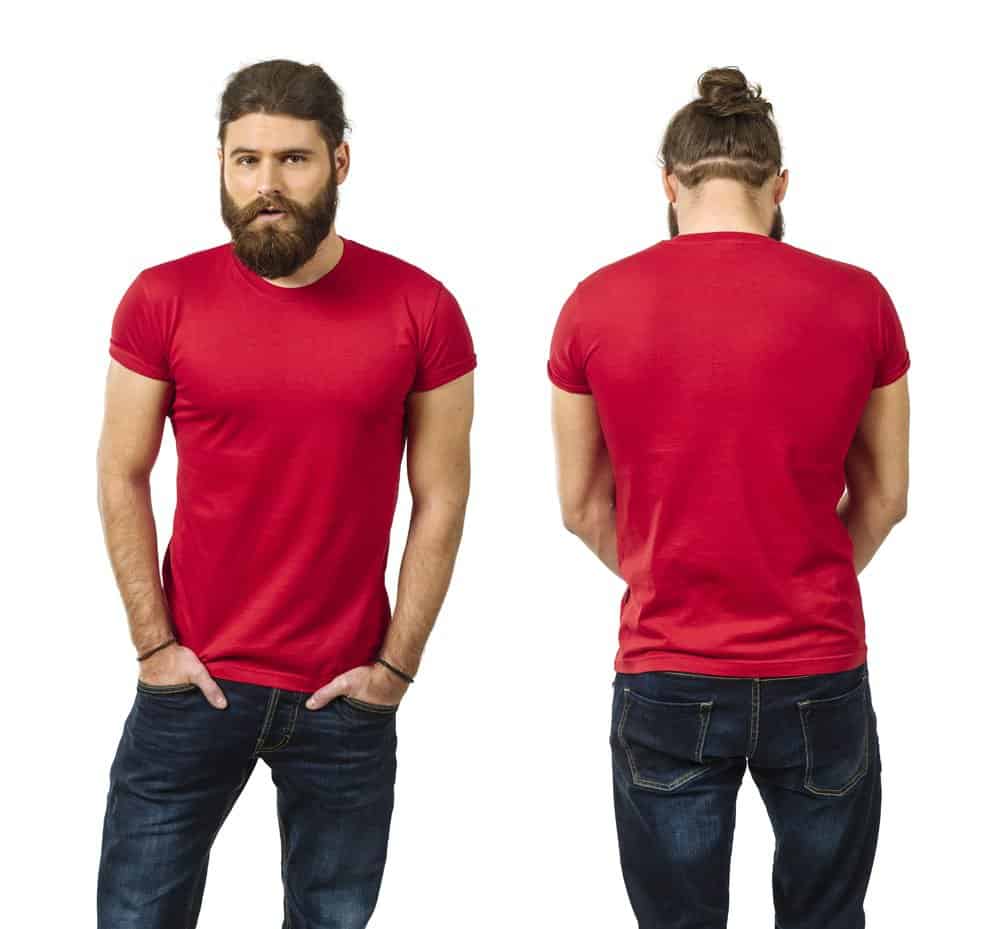 red t shirt and and dark blue jeans 