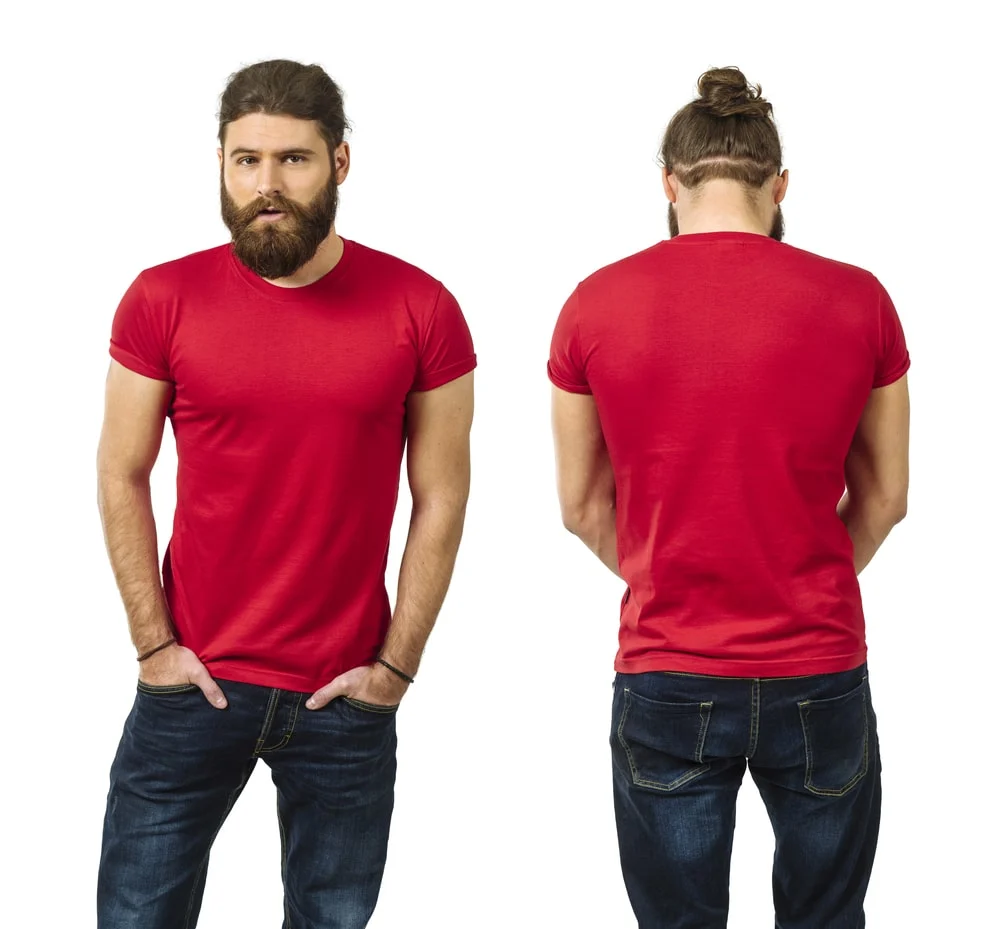 red t shirt and and dark blue jeans 