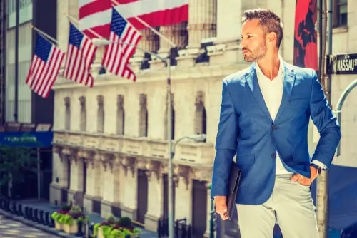 Young Man Business Casual Fashion In New York With Beard Wearing Blue  Blazer White Shirt Blue Pant Black Leather Shoes Wristwatch Holding  Laptop Computer Standing Against Railing Outside Stock Photo Picture And