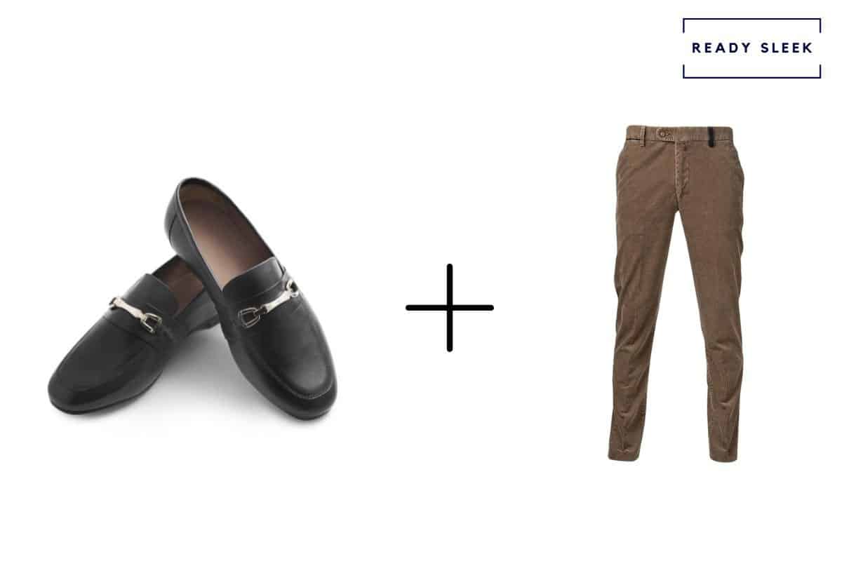 black horsebit loafers + brown chinos