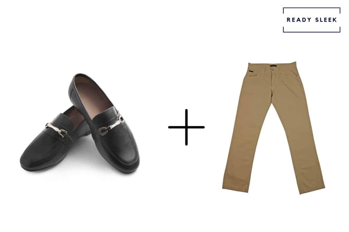 black horsebit loafers alone + khaki chinos