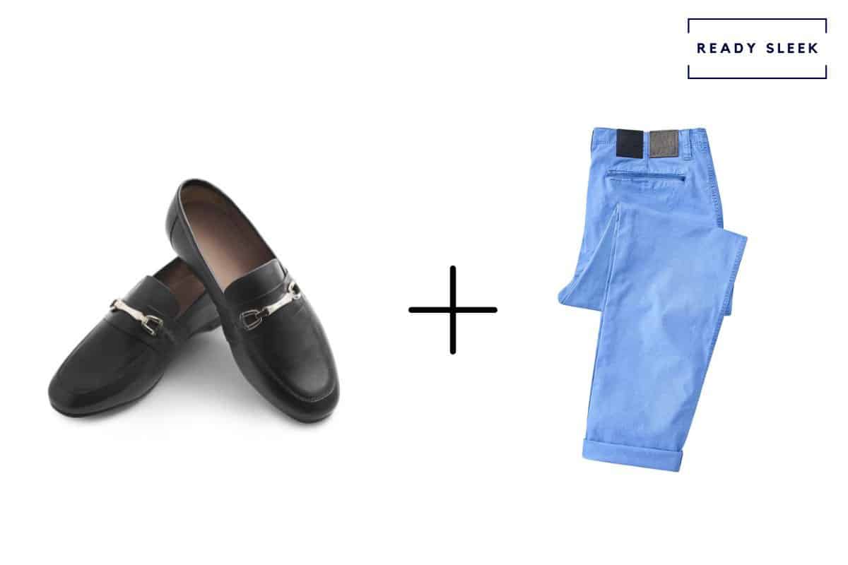 black horsebit loafers alone + light blue pants