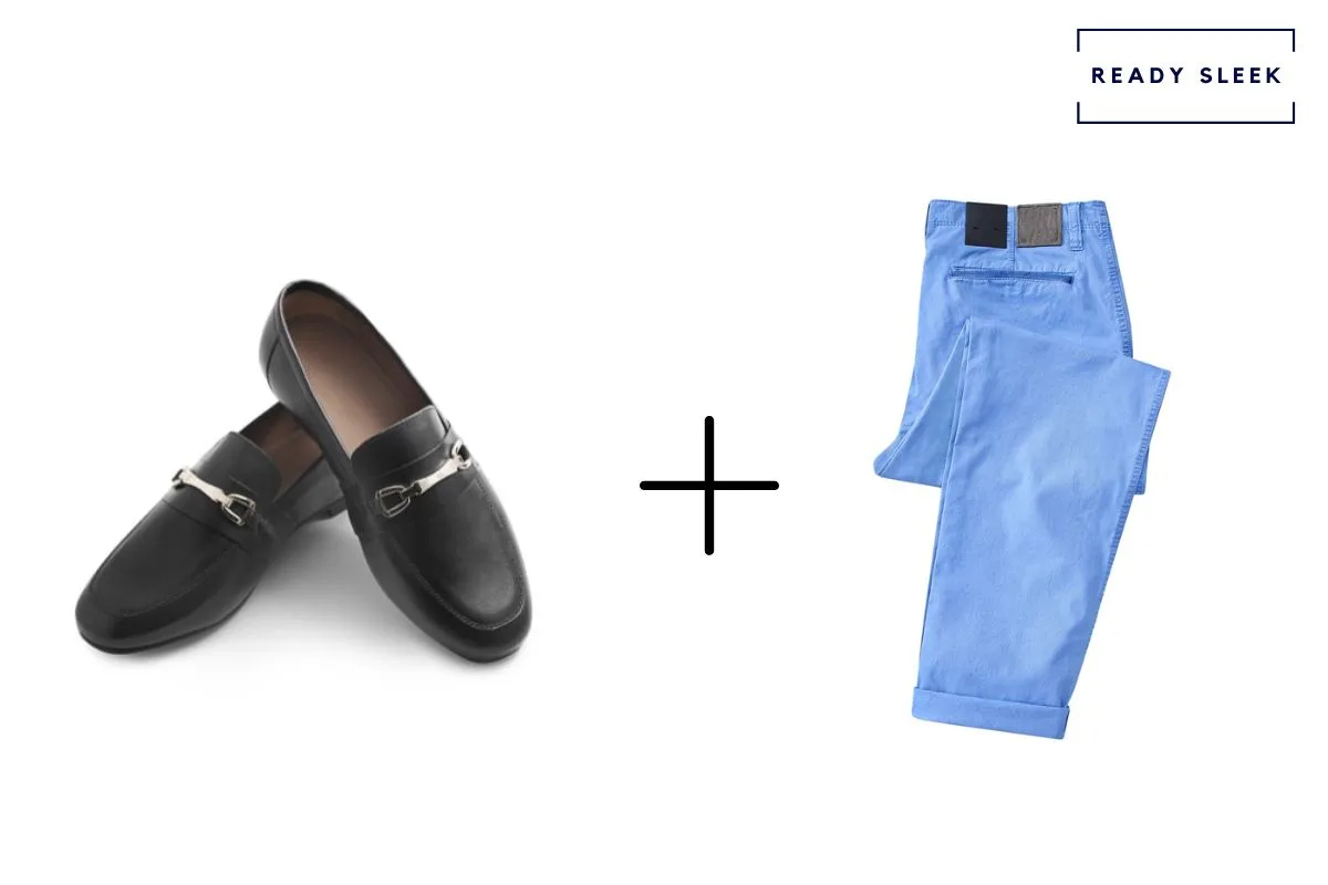 black horsebit loafers alone + light blue pants