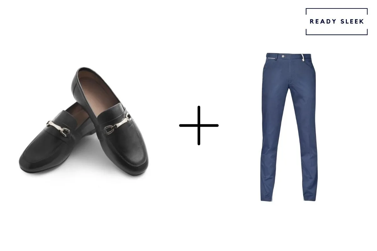 black horsebit loafers alone + navy chinos 