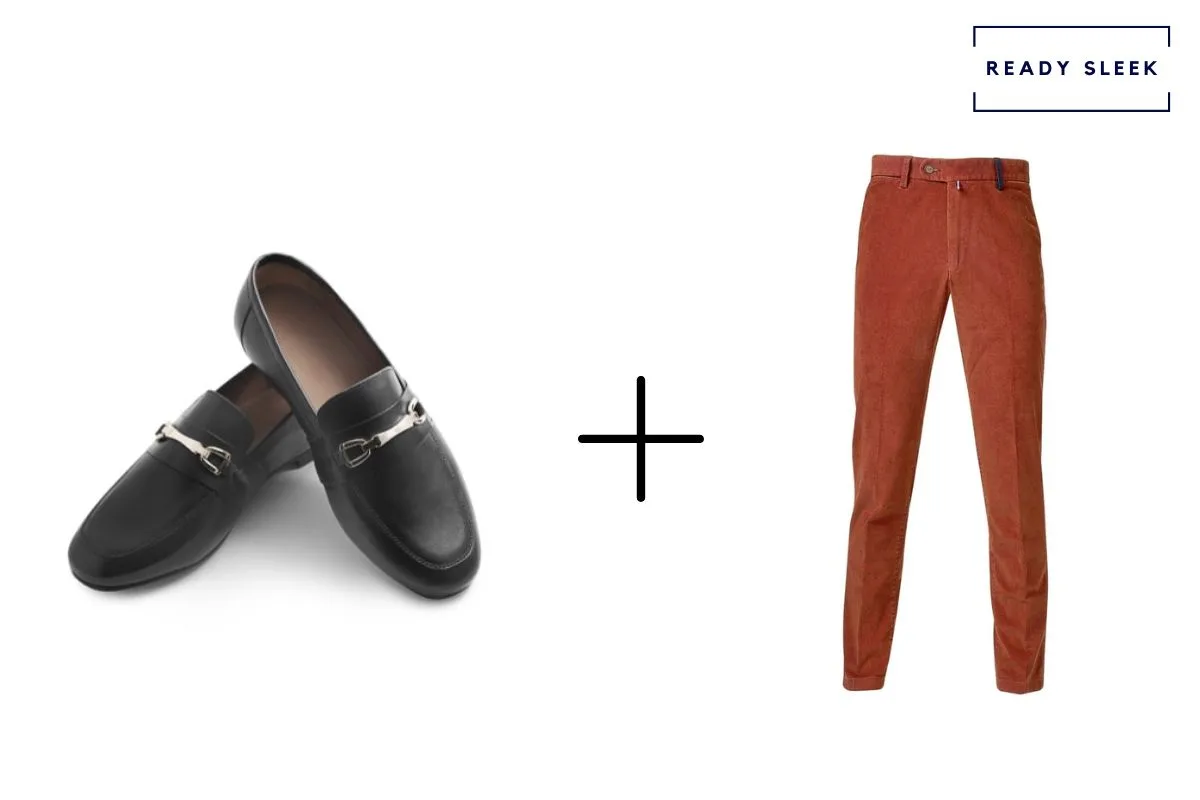 black horsebit loafers alone + red chinos