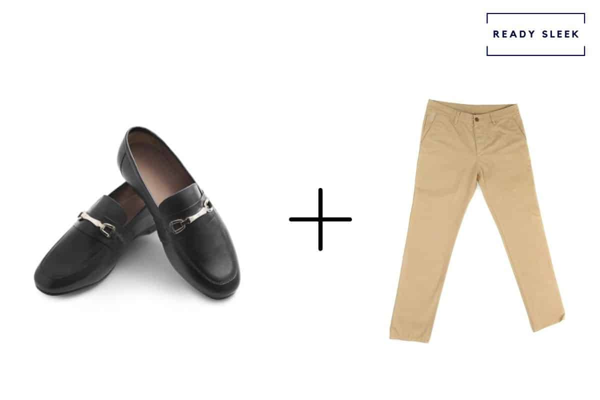 black horsebit loafers alone + tan pants 