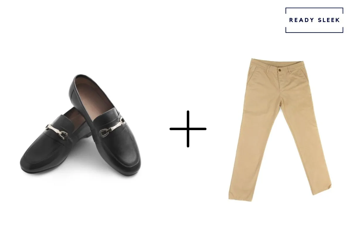 black horsebit loafers alone + tan pants 