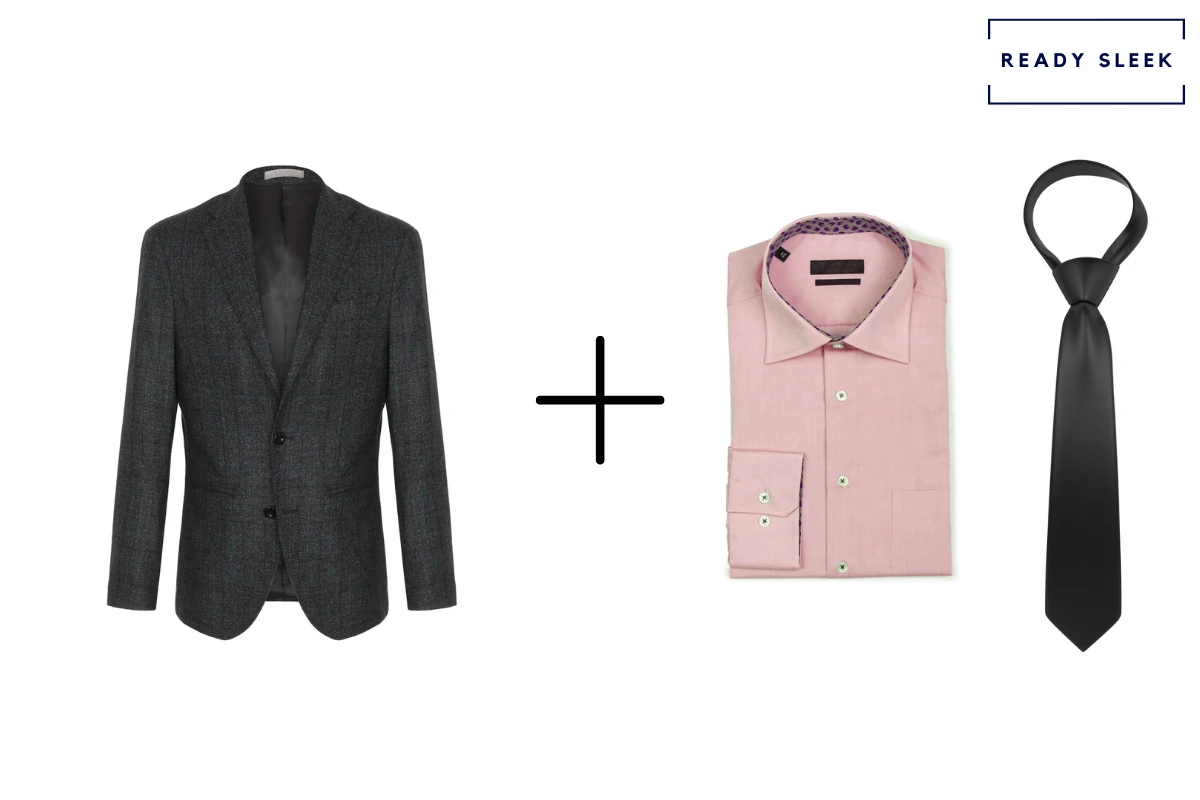 Black blazer + pink shirt + black tie