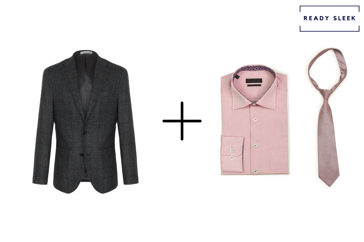 Black blazer with pink shirt and dark pink tie