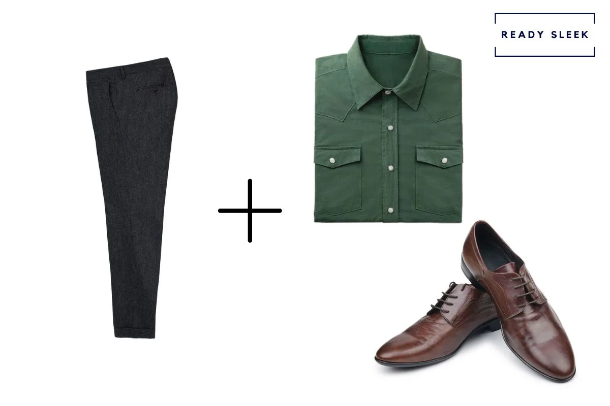 black pants + dark brown dress shoes + dark green shirt 