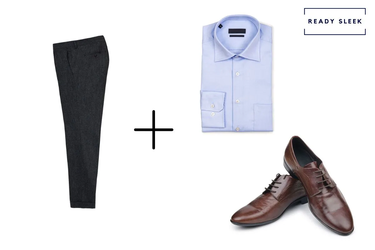 black pants + dark brown dress shoes  + light blue shirt 