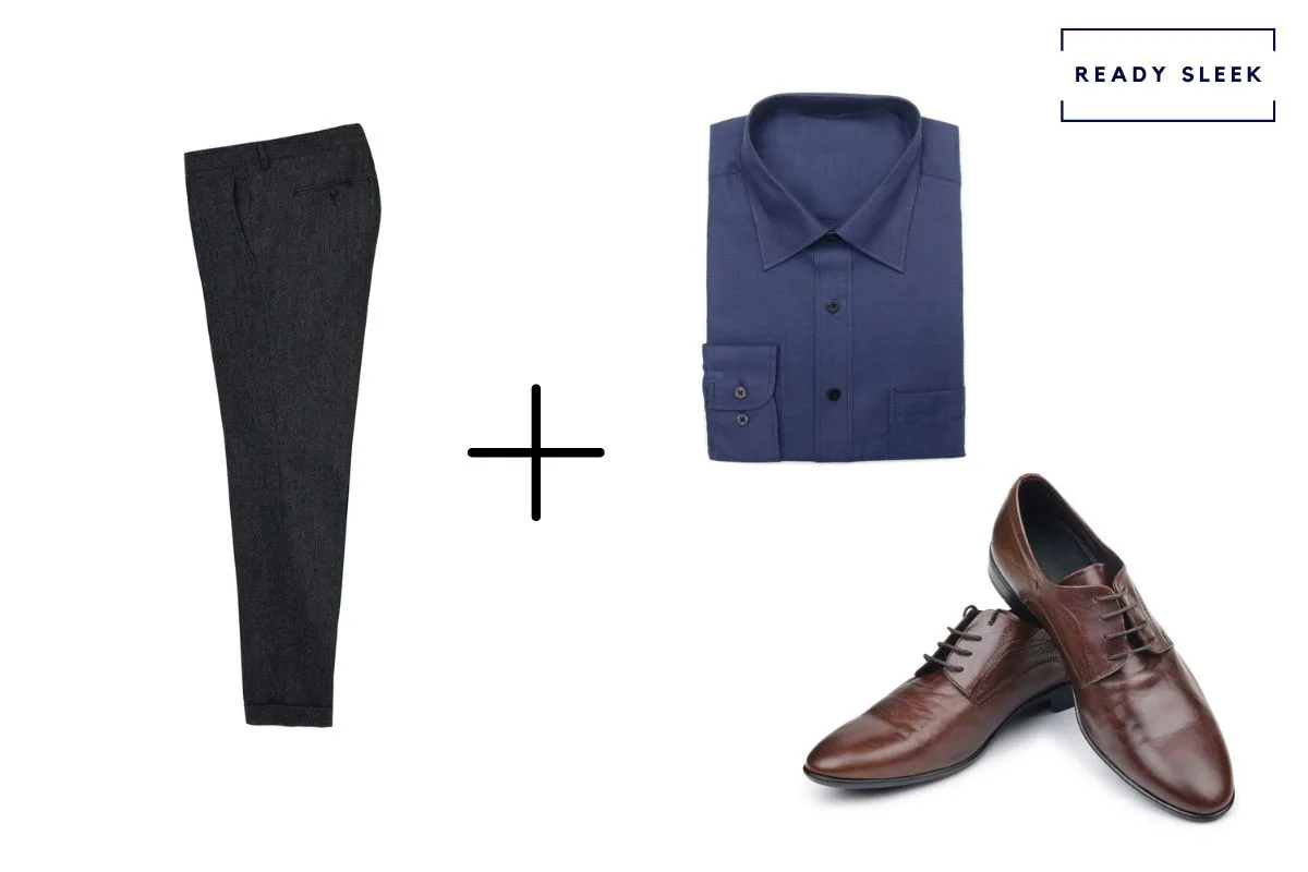 black pants + dark brown dress shoes + navy blue shirt