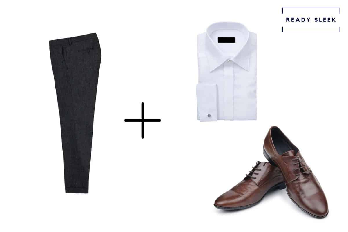 black pants + dark brown dress shoes + white shirt