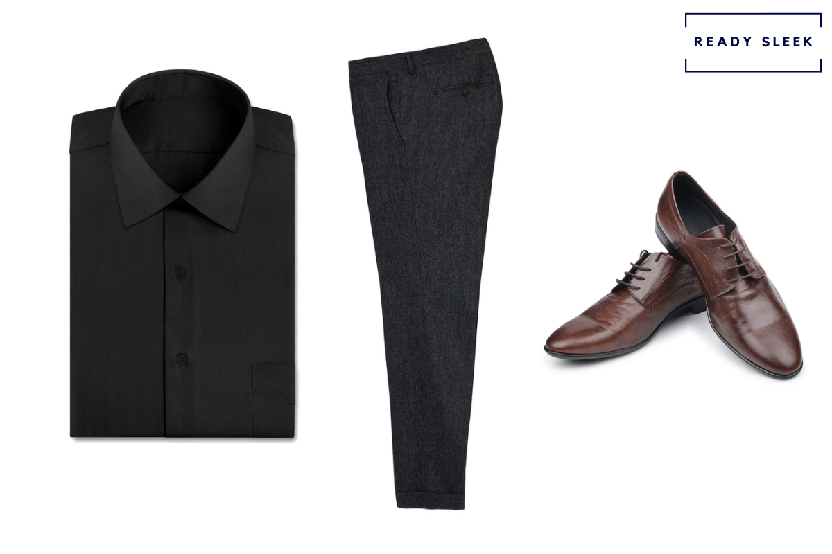 Black shirt + dark brown dress shoes + black pants