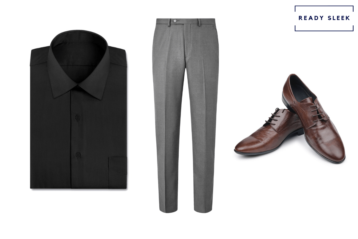 black shirt + dark brown dress shoes + grey pants