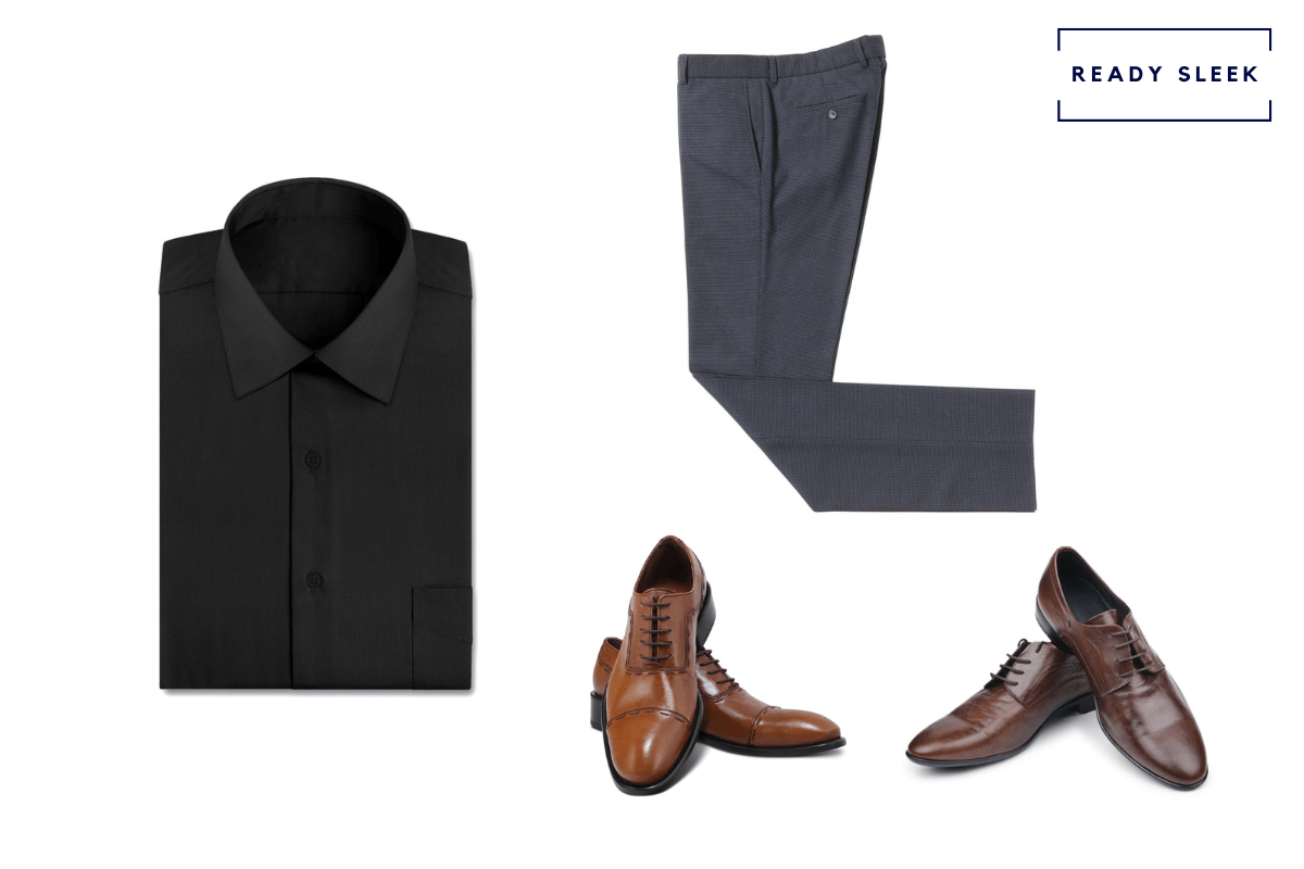 black shirt + dark grey mens pants + light brown cap toe Oxford shoes + dark brown dress shoes