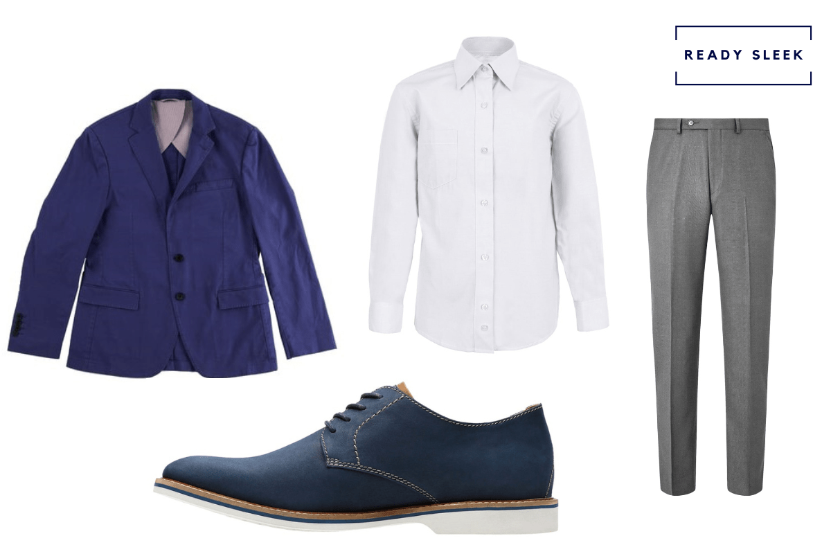 Blue blazer + white shirt casual + slate grey pants + blue suede derby shoes