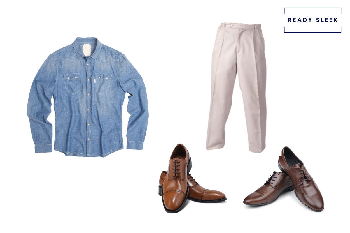 blue denim shirt + cream-colored pants + light brown cap toe Oxford shoes + dark brown dress shoes