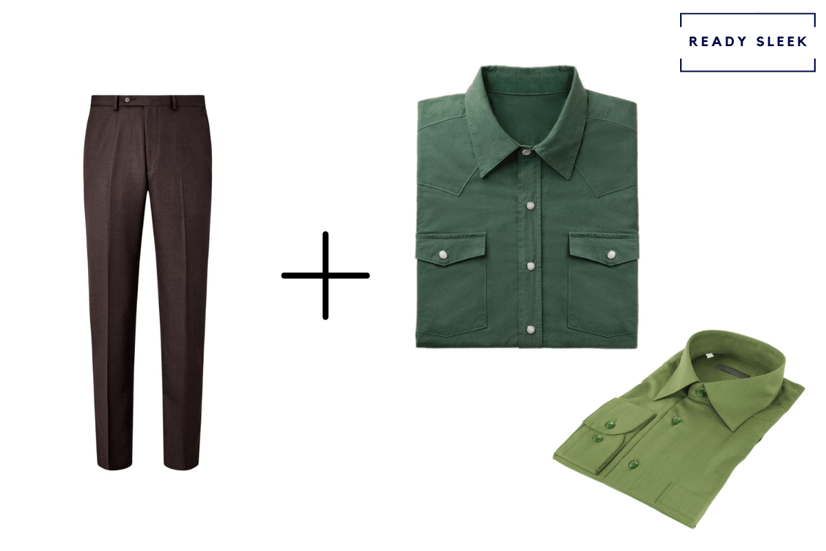 brown pants + olive green shirt + dark green shirt 