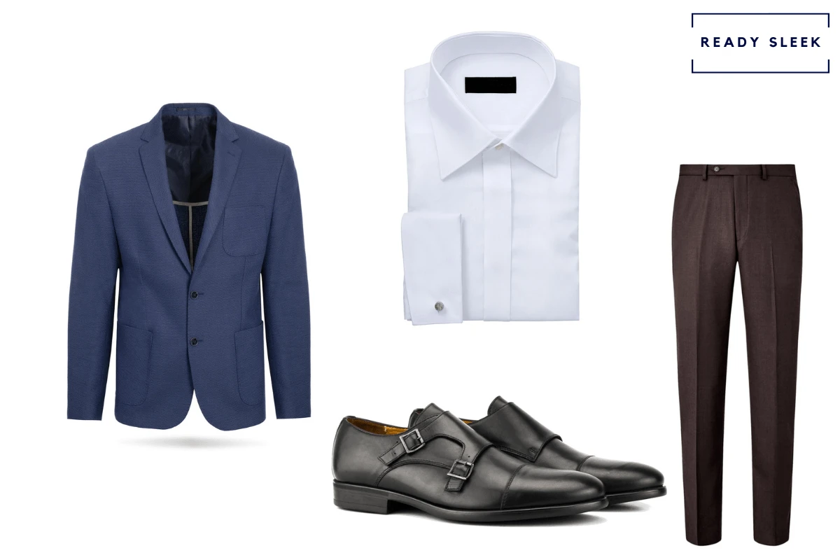 brown pants + white shirt + navy blue blazer + black double monkstrap shoes