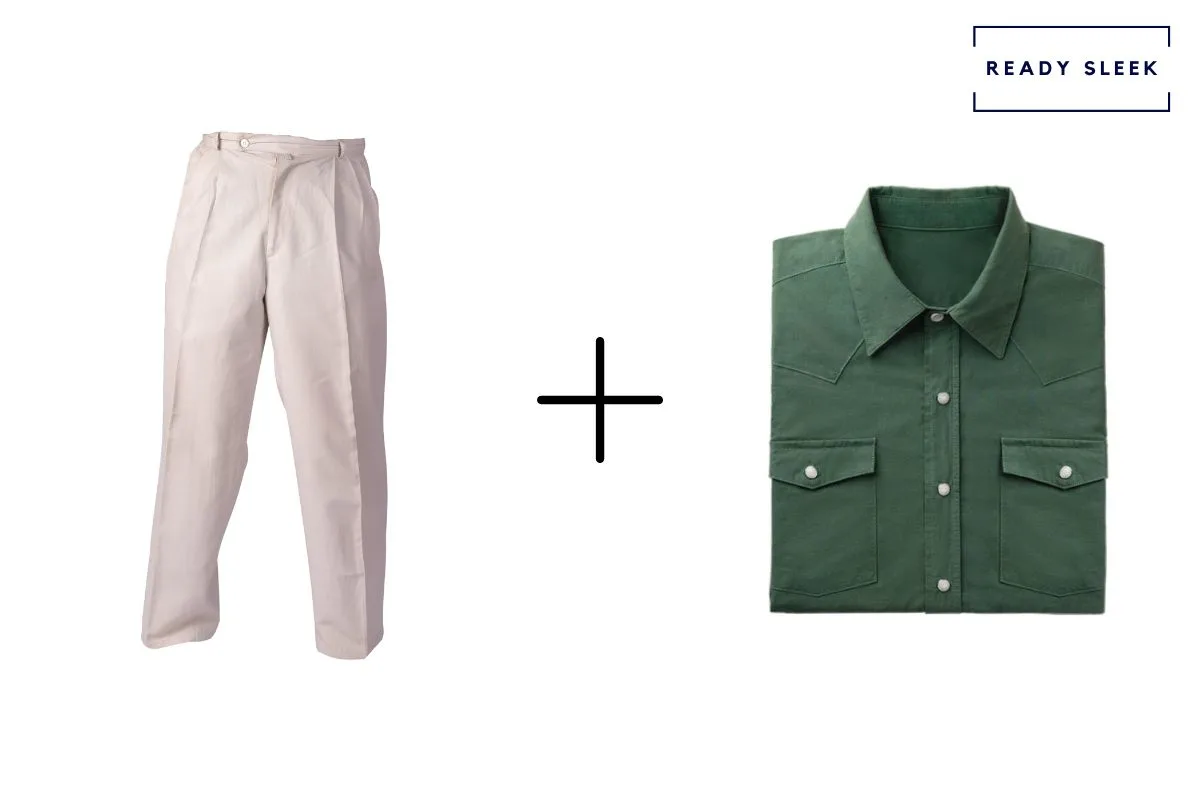 cream-colored pants + dark green shirt