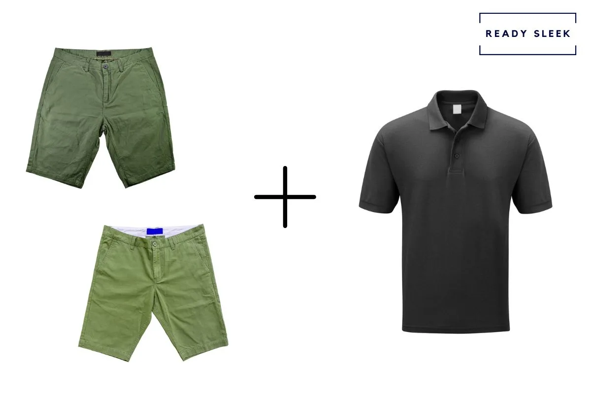 dark green shorts + medium green shorts + black polo shirt 