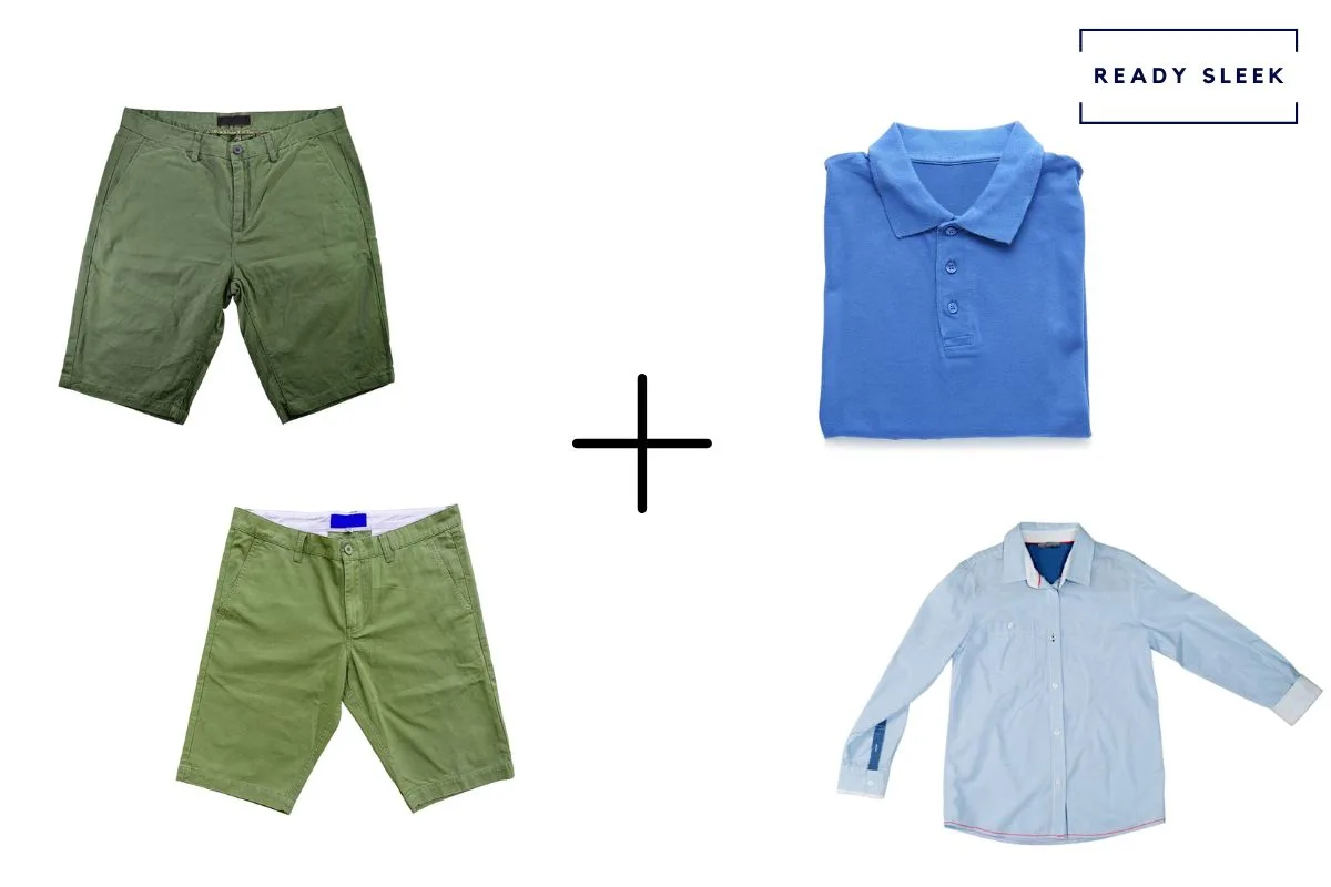 dark green shorts + medium green shorts + blue casual shirt + blue polo shirt