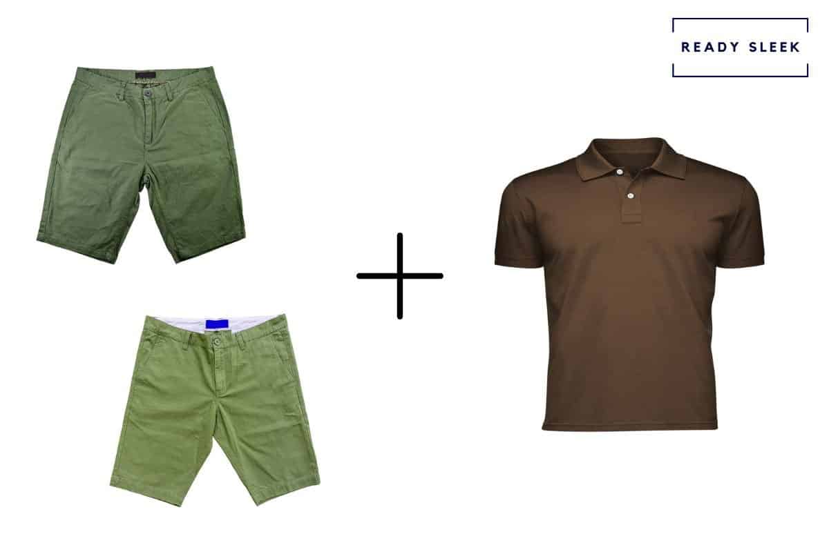 dark green shorts + medium green shorts + brown polo shirt