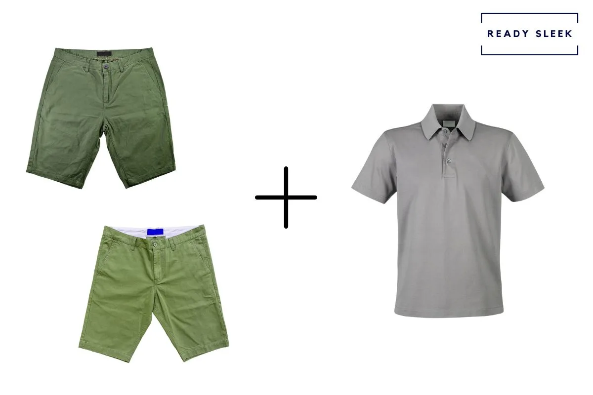 dark green shorts + medium green shorts + grey polo shirt