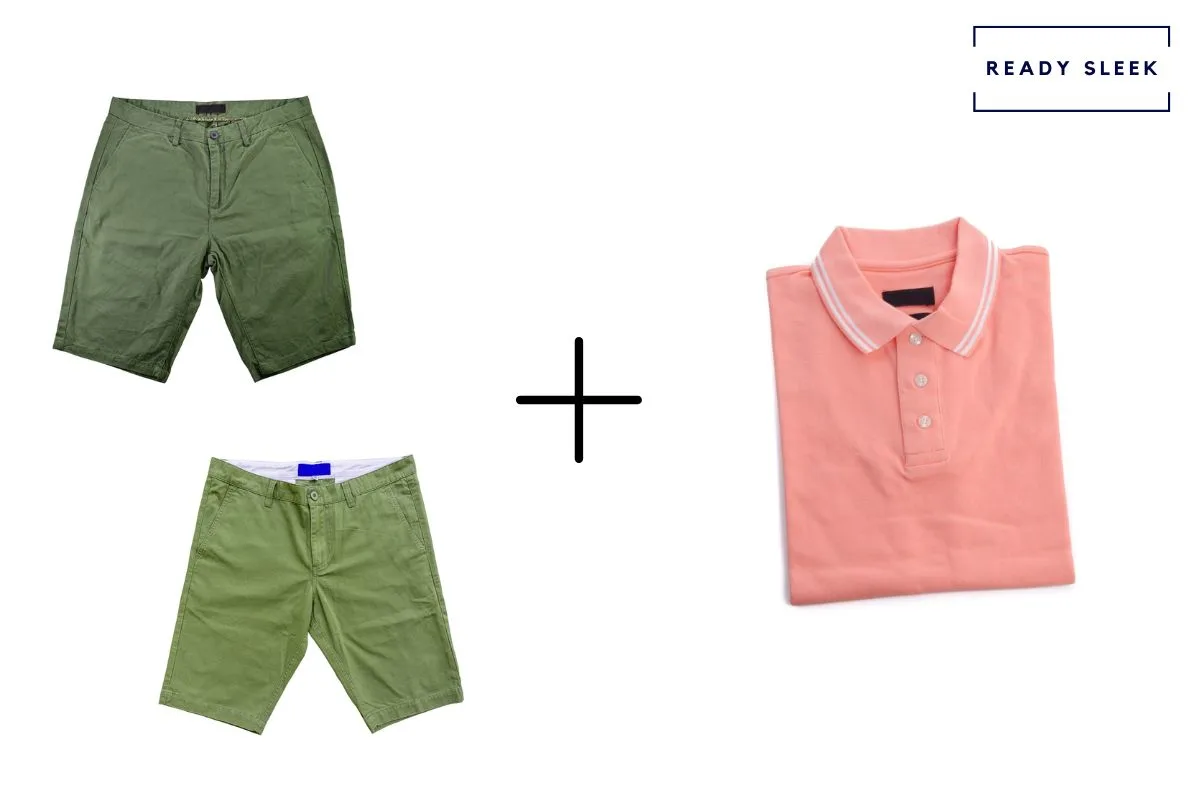 dark green shorts + medium green shorts + pink polo shirt