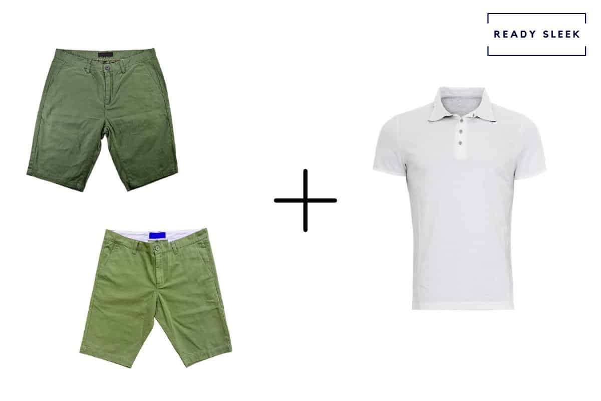 dark green shorts + medium green shorts + white polo shirt