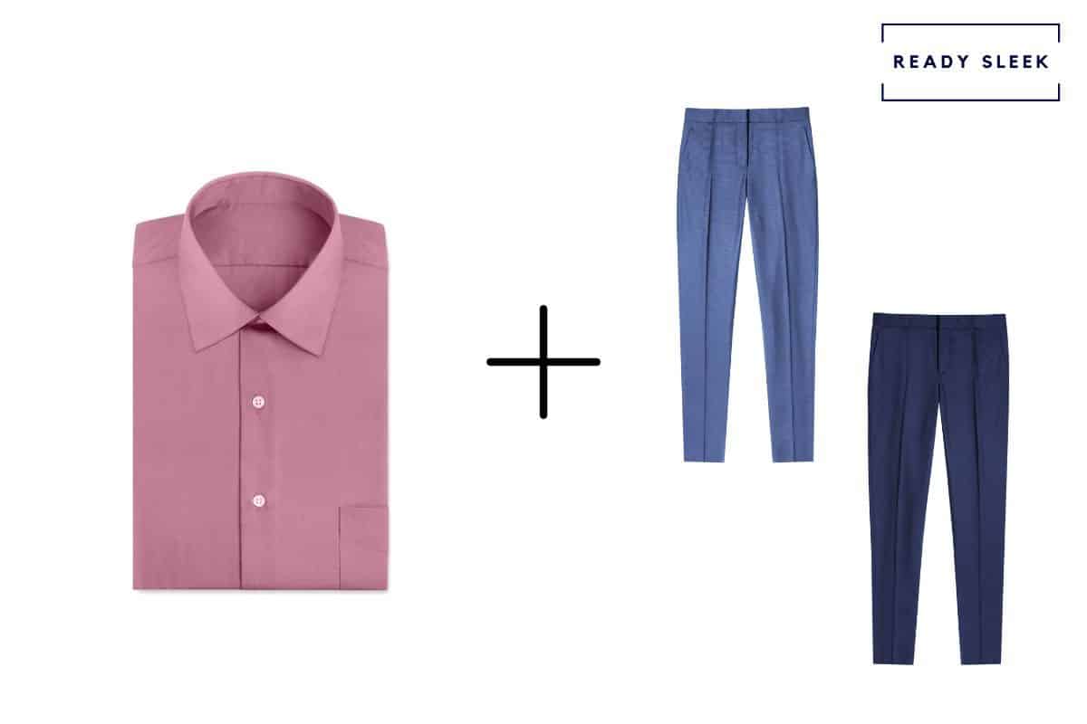 dark pink shirt + navy blue pants + medium blue pants