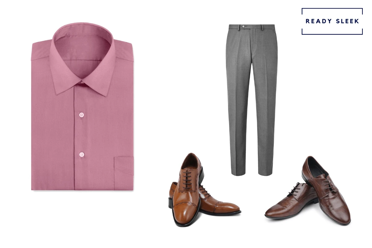 dark pink shirt + slate grey pants + light brown cap toe Oxford shoes + dark brown dress shoes