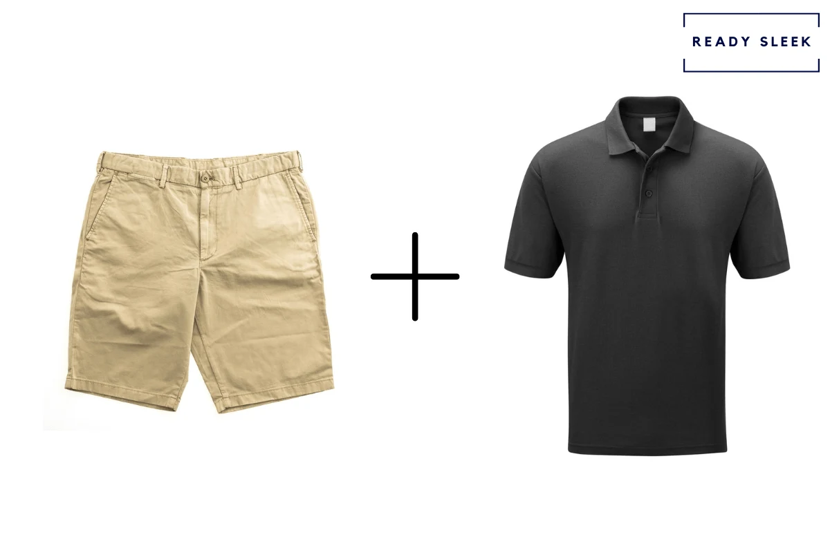 khaki shorts + black polo shirt