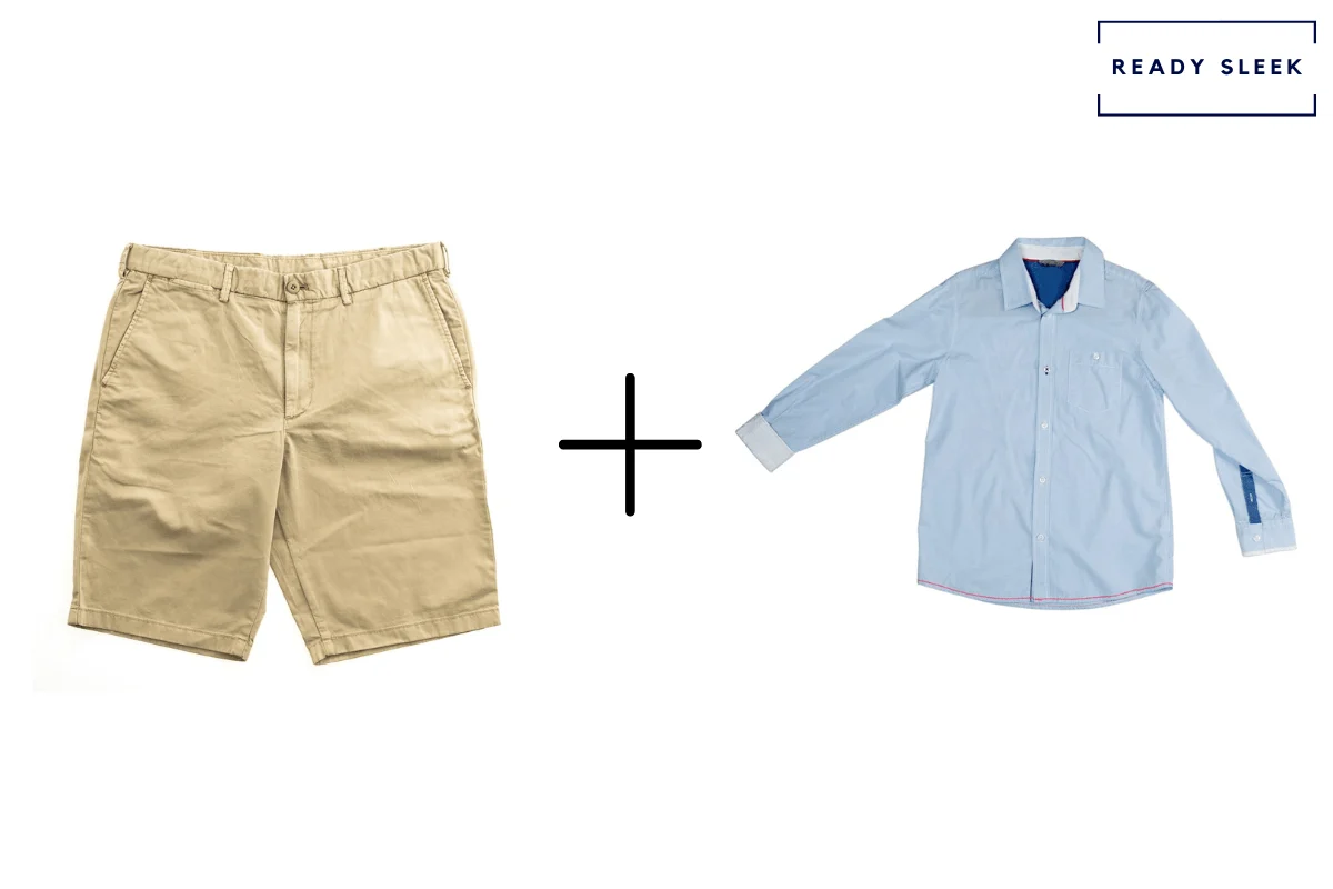 khaki shorts + blue casual shirt 