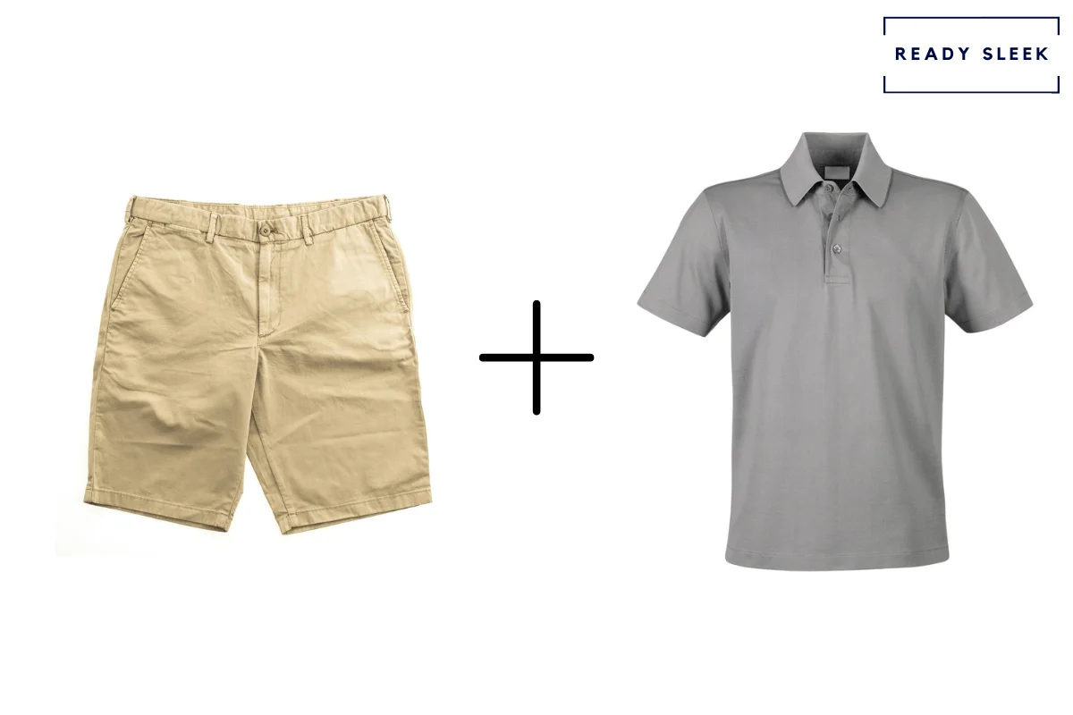 khaki shorts + grey polo shirt