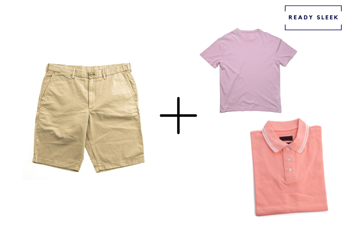 khaki short + pink t shirt + pink polo shirt