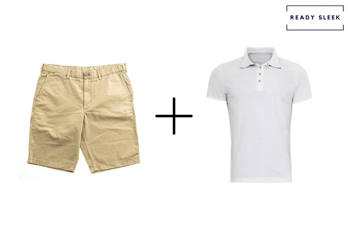 khaki shorts + white polo shirt